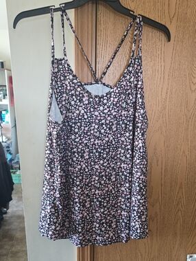 SHEIN Black Floral Strappy Cami with Pink Accents